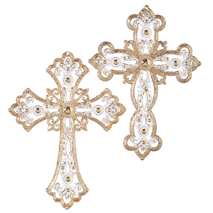 5" Jeweled Cross Ornaments. Set of 2. Elegant and symbolic pieces for a Christmas tree, garland, or wreath. Clear with gold bead detail. Made of plastic.