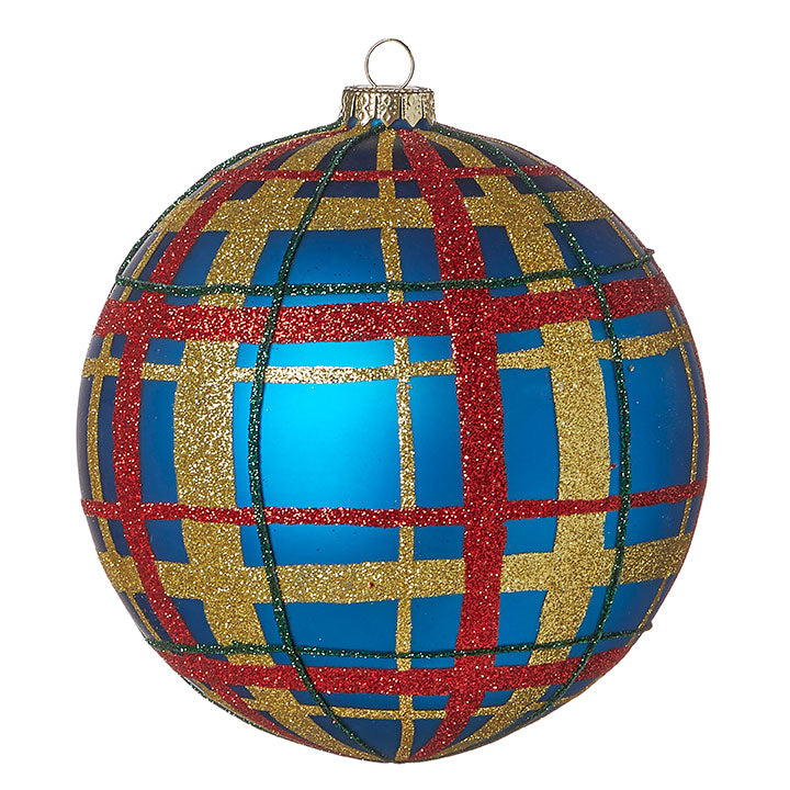 6" Glittered Plaid Ball Ornament. Gorgeous, colorful and festive.  Blue with red, gold, and green glitter. Made of glass.