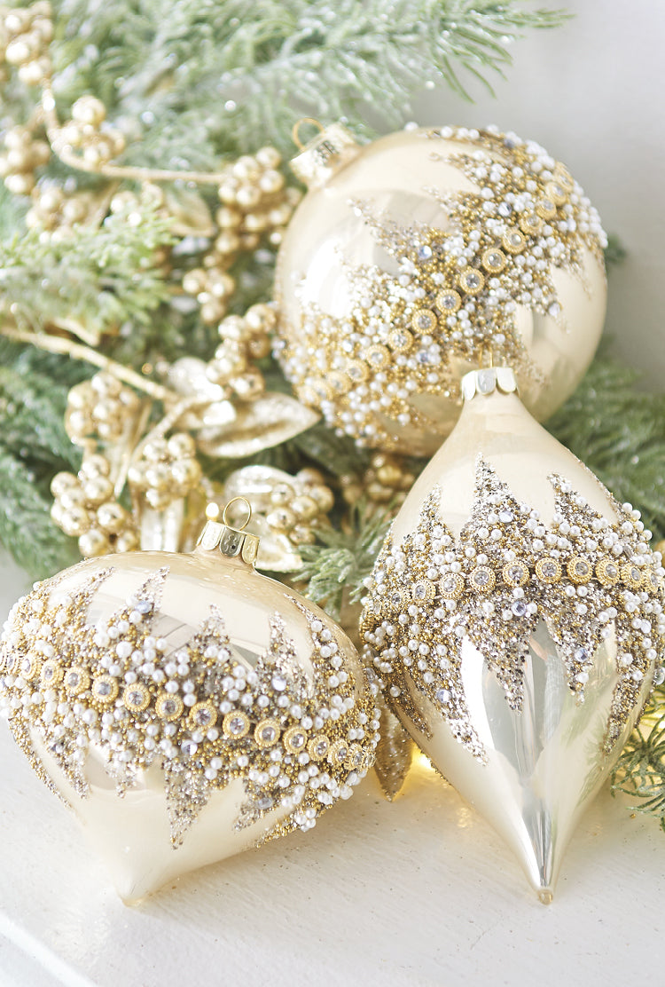 4" Beaded Ornaments. Three different styles, same elegant design. Finial, Onion, or Ball Shape. Beige with Gold, Silver, Rhinestone, and Pearl Detail Made of Glass.