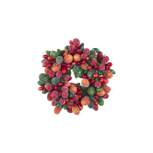 3.5" Beaded Berry Mini Wreath-Candle Ring. Also lovely as a napkin ring to enhance the festive look on a dining table. Iced red, green, and orange. Made of gypsum. Fits taper candles.