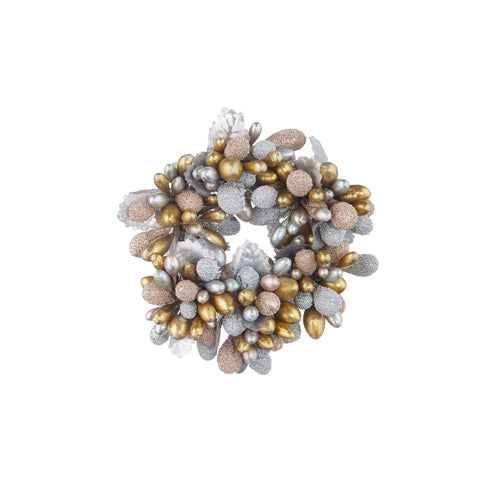 3.5" Beaded Berry Mini Wreath-Candle Ring. Also lovely as a napkin ring for a festive look on a table. Silver, gold. Fits taper candles. Made of gypsum.