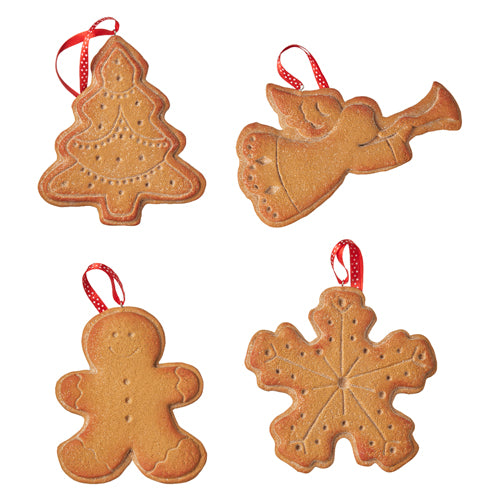 6.25" Gingerbread Cookie Ornaments. Set of 4. Christmas Tree, Angel, Gingerbread Man, and Star Shapes. Perfect Just-Baked Look. Brown with Thin Red Ribbon Hanger. Made of Plastic.