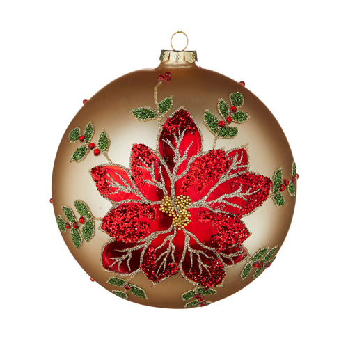 6" Poinsettia Glass Ball Ornament. A piece that emanates the holiday spirit. Simply gorgeous. Matte gold with painted red poinsettia and holly. Red, green, and gold bead details.