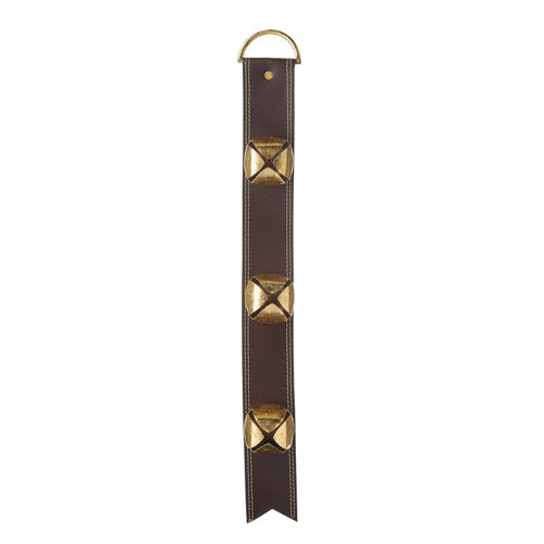 23.5" Sleigh Bell Door Hanger. Also perfect as a Christmas tree, wreath, and garland ornament. Dark brown and gold. Made of leather and iron.