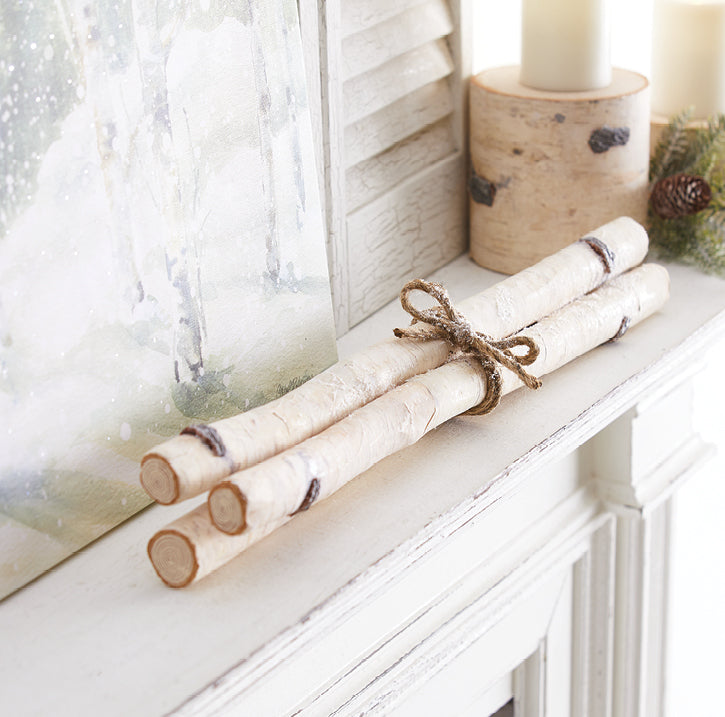 26" Birch 3-Stick Bundle set on a mantel. Decorative. Natural look. Made of foam. Tied with jute string.