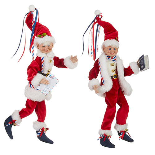 16" Airmail Posable Elf. Holding Air Mail or a Passport. Two styles available. Red, white, and blue suit.