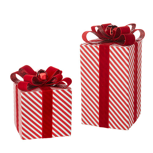 9.75" Striped Package Ornaments. Set of 2. Red and White with Jingle Bell on Bow. Made of Foam and Polyester.