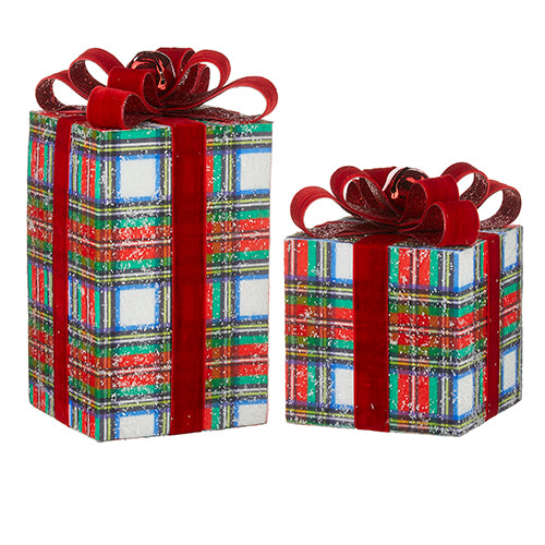 10" Plaid Package Ornaments. Set of 2. Red and white with green, blue, and yellow plaid print. Red bow and jingle bell on bow. Made of Foam and Polyester.