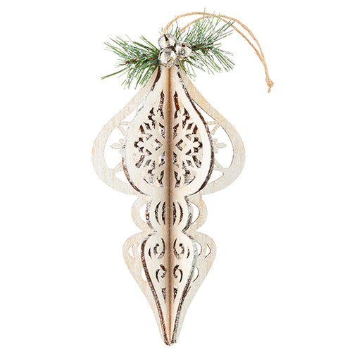 6.75" Wood Cut Finial Ornament. Simply lovely. Natural color. Green pine and mini silver jingle bell top detail. Jute hanging string. Made of MDF.