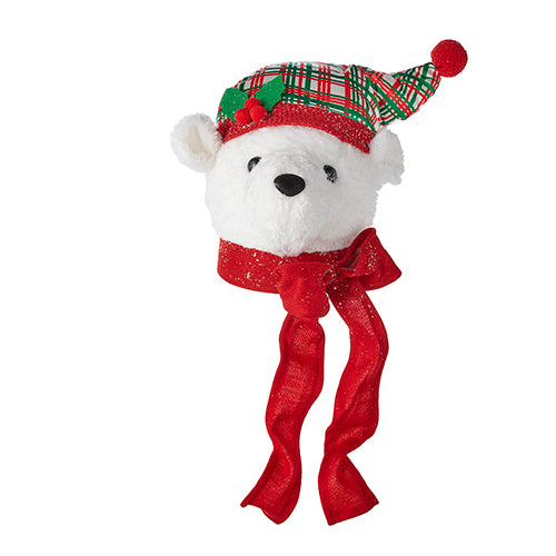 15" Polar Bear and Scarf Tree Topper. Plaid print hat with holly detail. This cutie is the perfect piece to crown a snowy and fun Christmas tree. White, red, and green. Made of Polyester, foam, and acrylic.