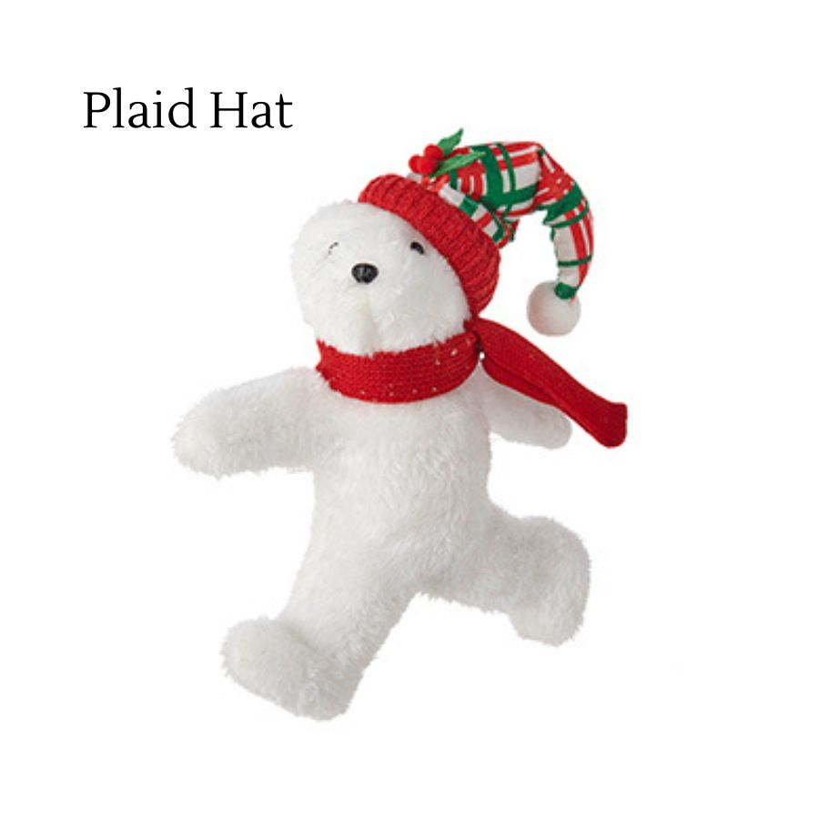 4216182-Glittered Plush Polar Bear with Plaid Hat and Red Scarf - 11.5"