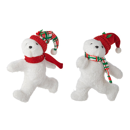 11.5" Glittered Plush Polar Bear with Hat. Plaid Hat and Red Scarf or Red Hat with Plaid Scarf. Two styles. White, red, and green. Made of Polyester.