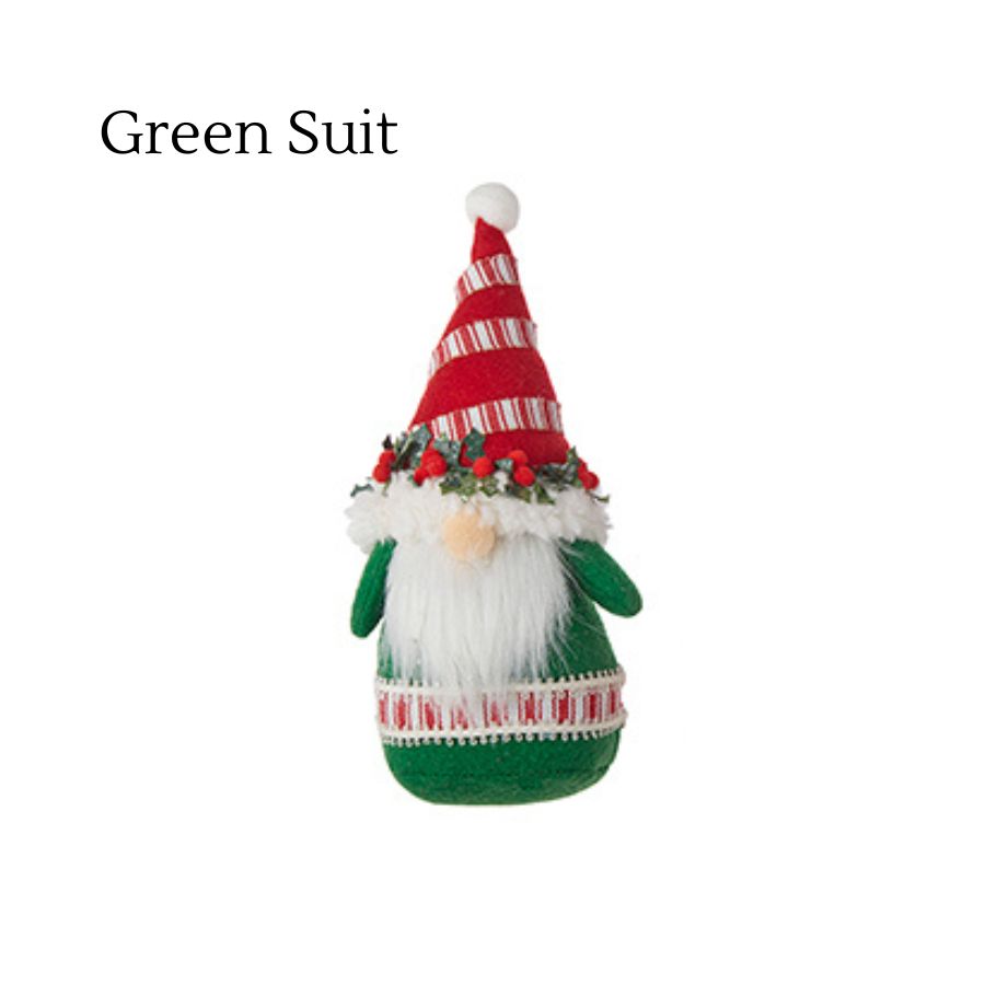4216251-Countryside Gnome Ornament with Green Suit and Peppermint Print Hat - 7.5".