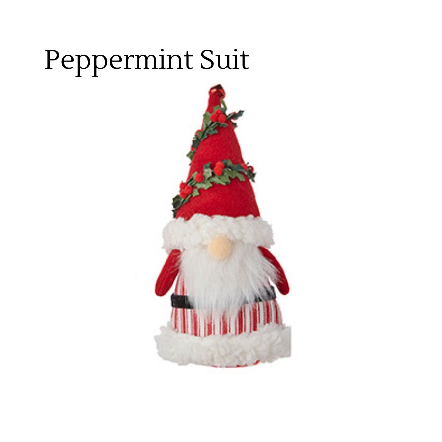 4216251-Countryside Gnome Ornament with Peppermint Print Suit and Red Hat - 7.5".