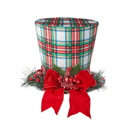 9" Plaid Top Hat. Adorned with a red velvet bow, red berries and pine detail. Red and White with Blue, Green, and Yellow Plaid Print. Made of Polyester, Paper and Foam.