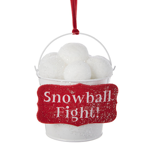 6.5" Snowball Fight Bucket Ornament. So cute and enticing some holiday fun! Red and White. North Pole Friends Theme. Made of Polyester, Foam and Metal.