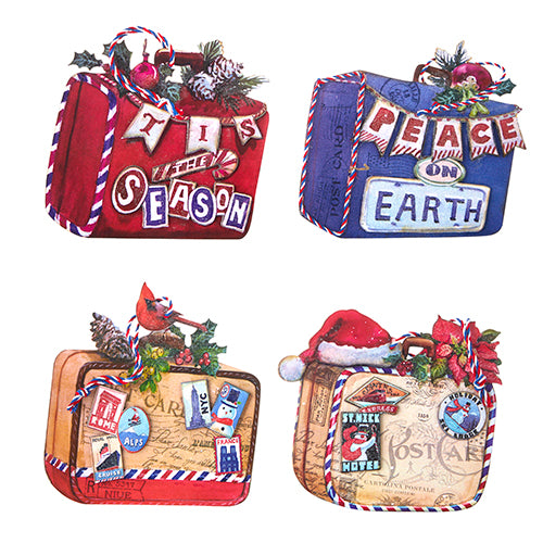 6.25" Holiday Luggage Ornaments. Set of 4. Fun and colorful ornaments. Made of paper.