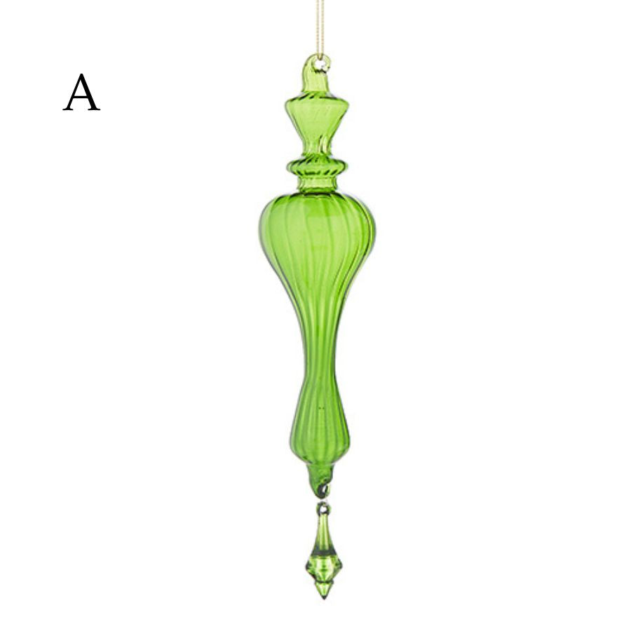 4222860-9.75" Green Glass Finial with Drop Ornaments.