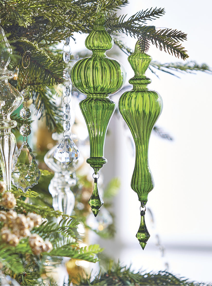 4222860-9.75" Green Glass Finial with Drop Ornament (2 Styles).