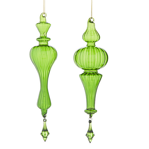 4222860-9.75" Green Glass Finial with Drop Ornaments.