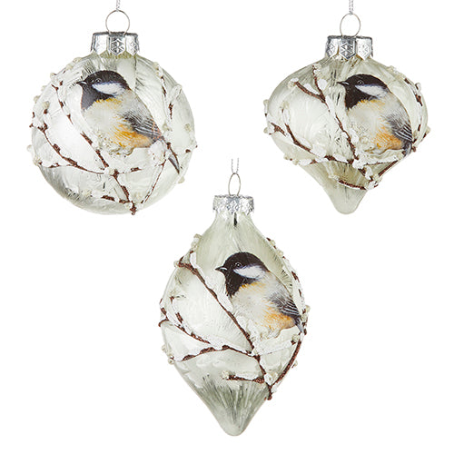 4224500-3" Chickadee Glass Ornaments.