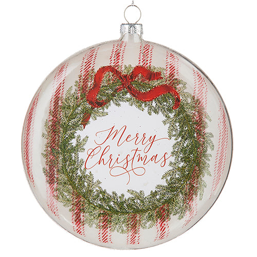 4224551-5" Merry Christmas Glass Disc Ornament. A lovely piece with a wreath design framing a "Merry Christmas" phrase in classy, cursive font.