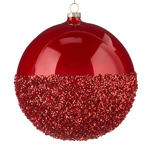 4224608-6" Half Glittered Red Glass Ball Ornament.